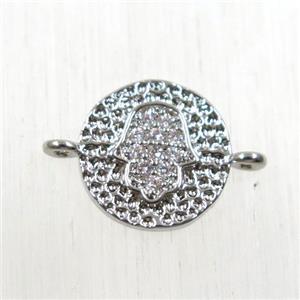 copper circle connector paved zircon with hamsahand, platinum plated, approx 9mm dia