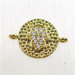 copper circle connector paved zircon with hamsahand, gold plated, approx 9mm dia