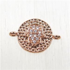 copper circle connector paved zircon with hamsahand, rose gold, approx 9mm dia
