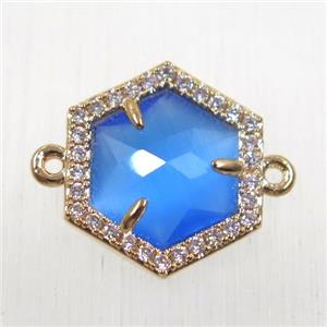 blue crystal glass hexagon connector paved zircon, gold plated, approx 15mm dia