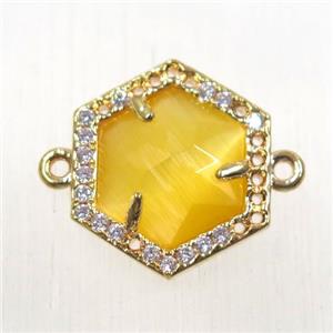 yellow crystal glass hexagon connector paved zircon, gold plated, approx 15mm dia