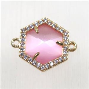 pink crystal glass hexagon connector paved zircon, gold plated, approx 15mm dia