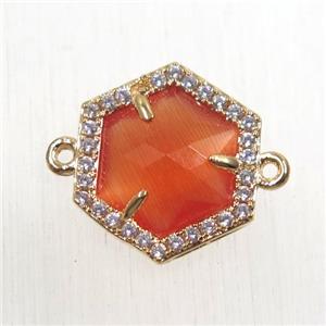 orange crystal glass hexagon connector paved zircon, gold plated, approx 15mm dia