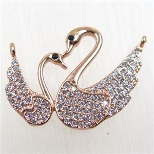 copper couple swan pendant paved zircon with 2loops, rose gold, approx 20-27mm