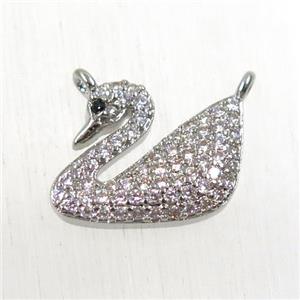 copper swan pendant paved zircon with 2loops, platinum plated, approx 13-15mm