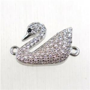 copper swan connector paved zircon, platinum plated, approx 13-15mm
