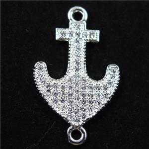 copper anchor connector paved zircon, silver plated, approx 15-20mm