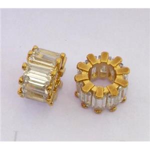 copper rondelle beads pave zircon, gold plated, approx 10mm dia