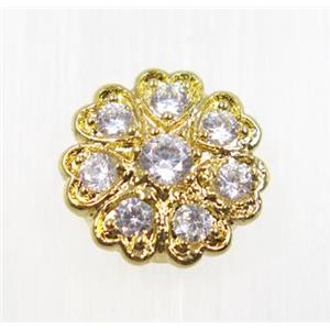 copper beads pave zircon, gold plated, approx 13.5mm dia