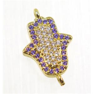 copper hamsahand connector pave zircon, gold plated, approx 11x13mm