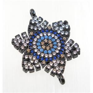 copper flower connector pave zircon, black plated, approx 22mm dia