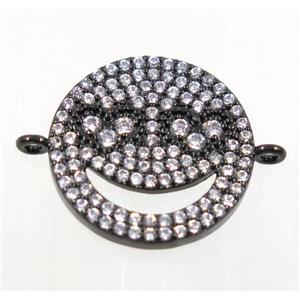 copper Emoji face connector pave zircon, black plated, approx 16mm dia