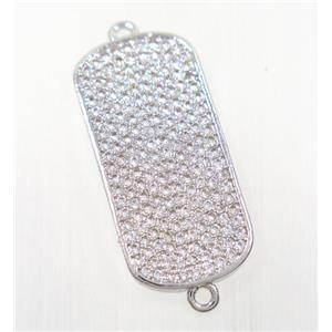 copper rectangle connector pave zircon, platinum plated, approx 13x27mm