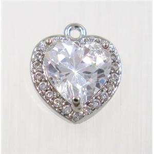 copper heart pendant pave zircon, platinum plated, approx 10mm