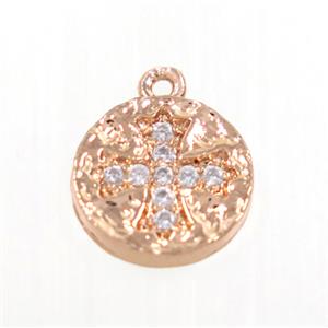 copper button cross pendant pave zircon, rose gold, approx 10mm dia
