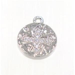 copper button cross pendant pave zircon, platinum plated, approx 10mm dia