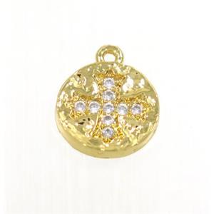 copper button cross pendant pave zircon, gold plated, approx 10mm dia