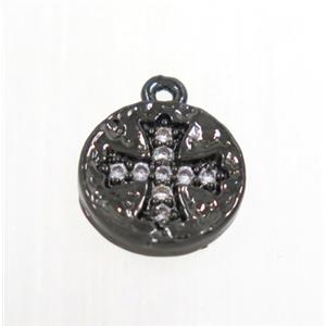 copper button cross pendant pave zircon, black plated, approx 10mm dia