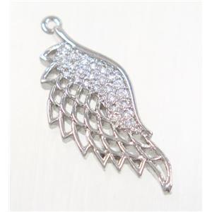 copper angel wing pendant pave zircon, platinum plated, approx 11x25mm