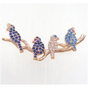 copper birds pendant pave zircon with 2loops, rose gold, approx 18-32mm