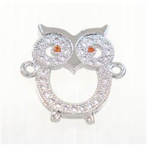 copper owl connector pave zircon, platinum plated, approx 13x18mm