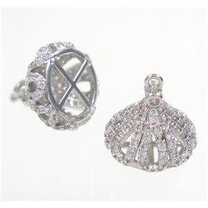 copper tassil bail pendant pave zircon, crown, platinum plated, approx 11-14mm