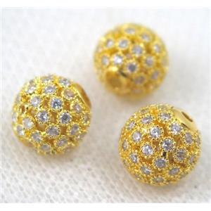 copper bead paved zircon, round, gold plated, approx 10mm dia