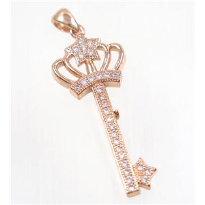 copper crown key pendant pave zircon, rose gold, approx 15x35mm