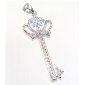 copper crown key pendant pave zircon, platinum plated, approx 15x35mm