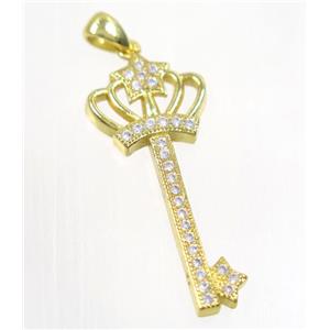 copper crown key pendant pave zircon, gold plated, approx 15x35mm