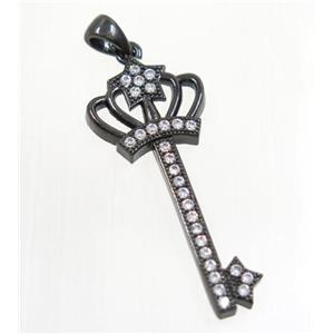 copper crown key pendant pave zircon, black plated, approx 15x35mm