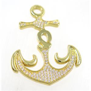 copper anchor pendant pave zircon, gold plated, approx 30-33mm