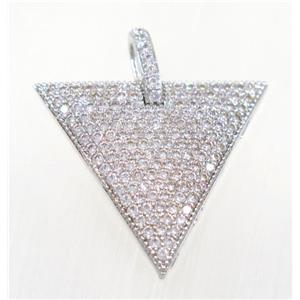 copper triangle pendant pave zircon, platinum plated, approx 28mm