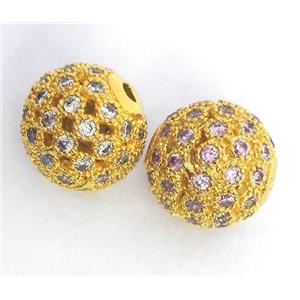 copper bead paved pink zircon, round, gold plated, approx 10mm dia