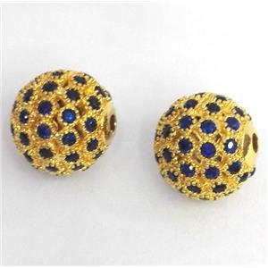 copper bead paved zircon, round, gold plated, approx 12mm dia