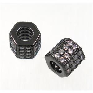 copper hexagon beads paved zircon, black plated, approx 7mm dia, 4mm hole