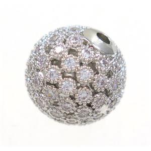 copper bead paved zircon, round, platinum plated, approx 10mm dia