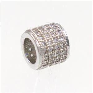 copper tube beads paved zircon, platinum plated, approx 6x7mm, 4mm hole