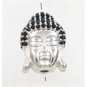 copper buddha bead paved black zircon, silver plated, approx 11.5x16mm