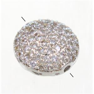 copper button beads paved zircon, platinum plated, approx 11mm dia