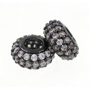 copper rondelle beads paved zircon, black plated, approx 10 mm dia, 4mm hole