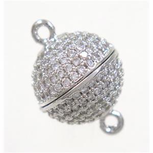 copper magnetic clasp pave zircon, round, platinum plated, approx 10mm dia