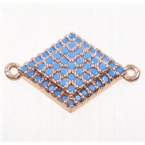 copper rhombic connector paved zircon, rose gold, turq, approx 12x14mm