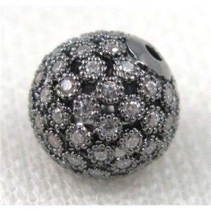 Hollow copper bead paved zircon, round, black, approx 10mm dia