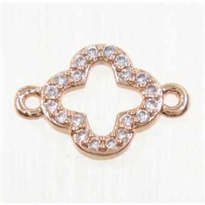 copper four-leaf Clover connector paved zircon, rose gold, approx 10mm dia