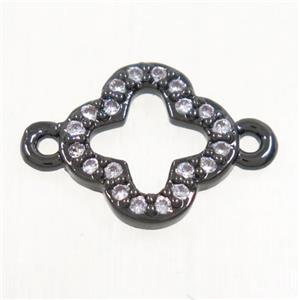 copper four-leaf Clover connector paved zircon, black plated, approx 10mm dia