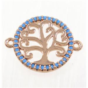 copper Tree Of Life connector paved zircon, rose gold, approx 16mm dia