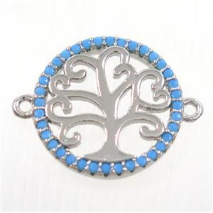 copper Tree Of Life connector paved zircon, platinum plated, approx 16mm dia