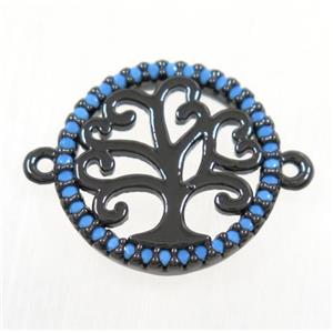 copper Tree Of Life connector paved zircon, black plated, approx 16mm dia