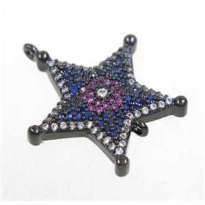 copper Star connector paved zircon, black plated, approx 20mm dia